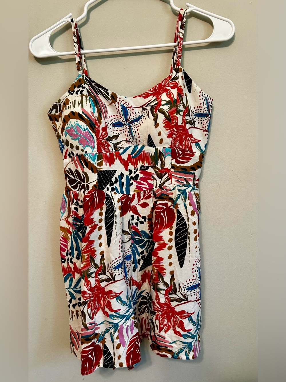 Red Floral Spaghetti-Strap Romper with Multicolor Print